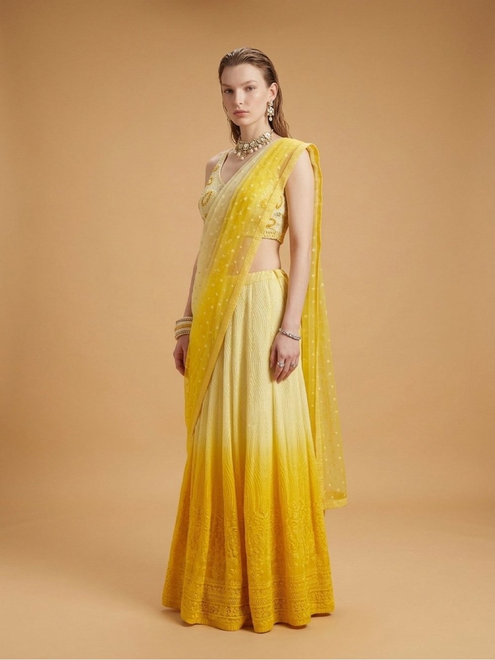 Sunshine Yellow Ombre palazzo Lehenga with Dupatta perfect haldi outfit